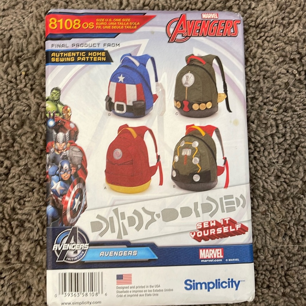 Simplicity 8108 avengers back packs new patterns